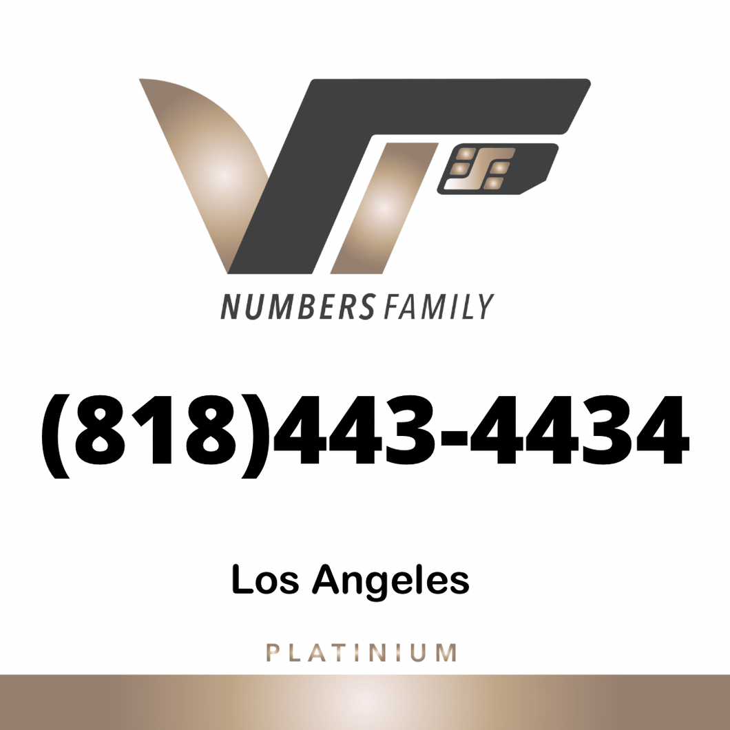 VIP Numbers Family platinum logo with the vip number usa with a rare area code (818) 443-4434 Visit vipnumbersfamily.com to purchase