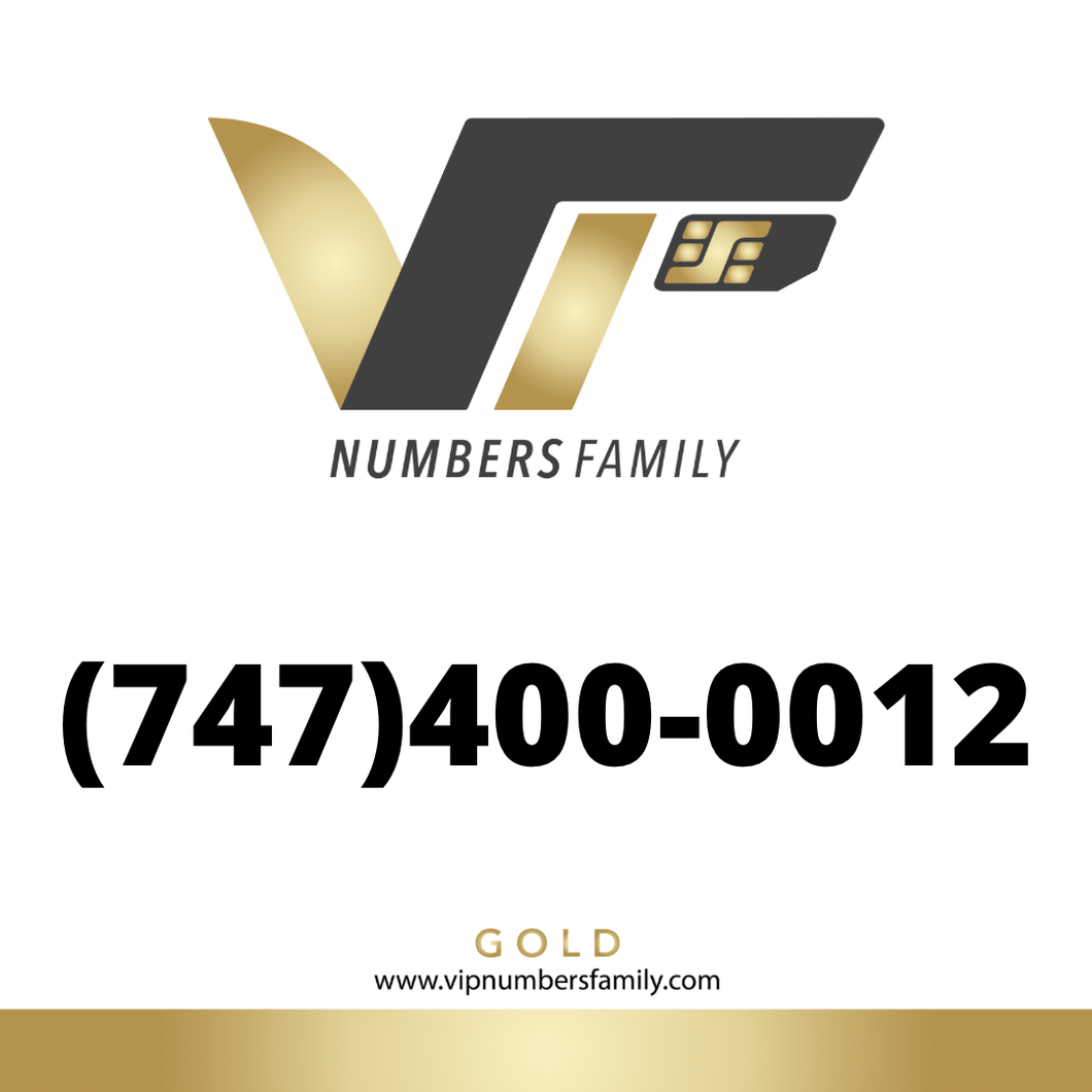 VIP Numbers Family Gold logo with the gold phone number (747) 400-0012 Visit vipnumbersfamily.com to purchase