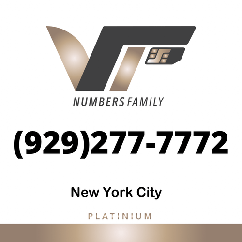 VIP Numbers Family platinum logo with the vip phone number with a rare area code (929) 277-7772 Visit vipnumbersfamily.com to purchase usa numbers