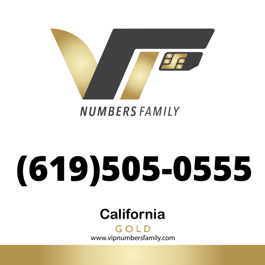 VIP Numbers Family Gold logo with the gold phone number (619) 505-0555 Visit vipnumbersfamily.com to purchase
