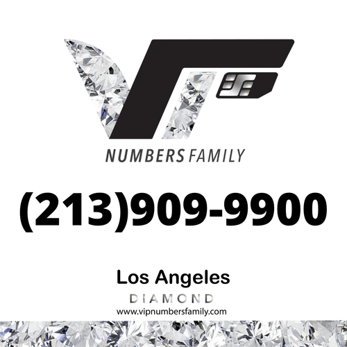 VIP Numbers Family Diamond logo with the diamond phone number (213) 909-9900 Visit vipnumbersfamily.com to purchase