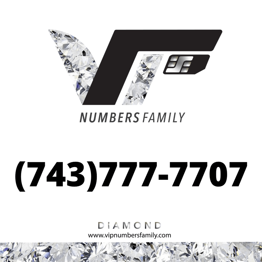 VIP Numbers Family diamond logo with the vip phone number with a rare area code (743) 777-7707 Visit vipnumbersfamily.com to purchase usa numbers