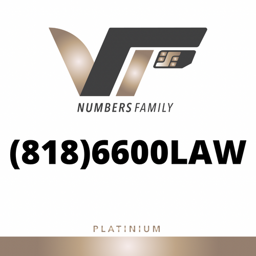 VIP Numbers Family platinum logo with the vip phone number , vanity phone number  (818) 6600-LAW Visit vipnumbersfamily.com to purchase