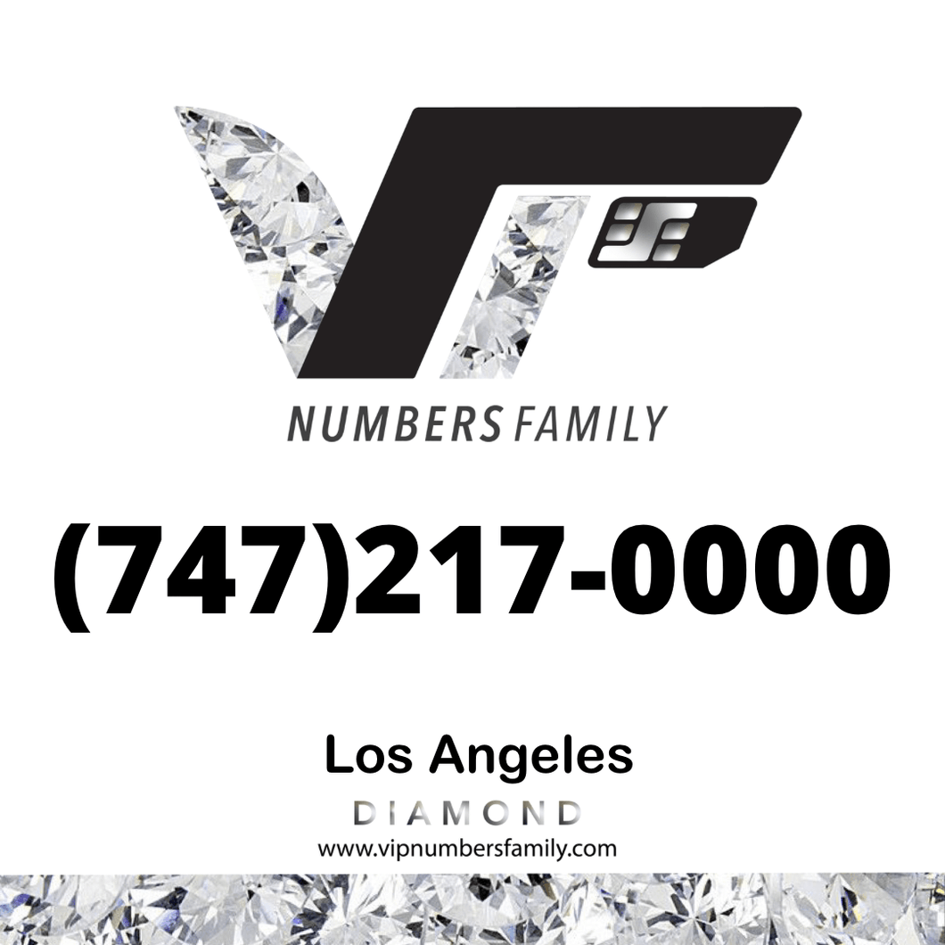 VIP Numbers Family Diamond  logo with the diamond number (747) 217-0000 Visit vipnumbersfamily.com to purchase