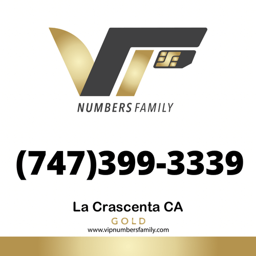 VIP Numbers Family Gold logo with the gold phone number (747) 399-3339 Visit vipnumbersfamily.com to purchase