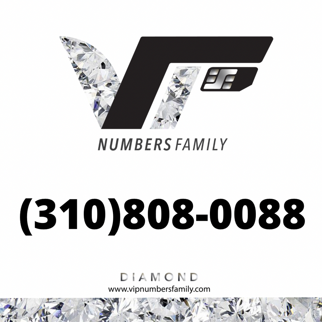 VIP Numbers Family diamond logo with the vip number usa with a rare area code (310) 808-0088 Visit vipnumbersfamily.com to purchase