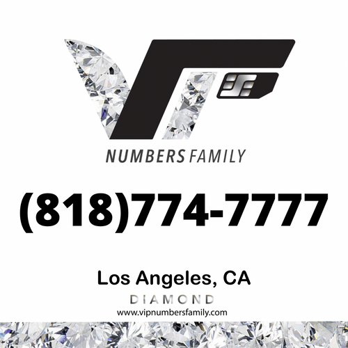 VIP Numbers Family diamond logo with the vip phone number with a rare area code (818) 774-7777 Visit vipnumbersfamily.com to purchase usa number