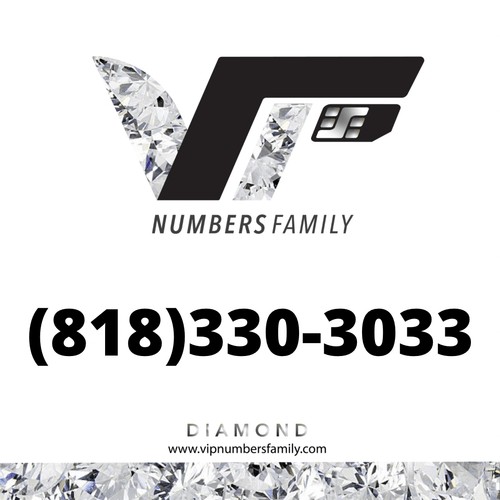 VIP Numbers Family diamond logo with the vip phone number with a rare area code (818) 330-3033 Visit vipnumbersfamily.com to purchase usa numbers