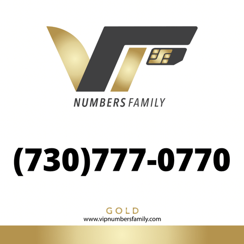 VIP Numbers Family gold logo with the vip phone number with a rare area code (730) 777-0770 Visit vipnumbersfamily.com to purchase usa numbers