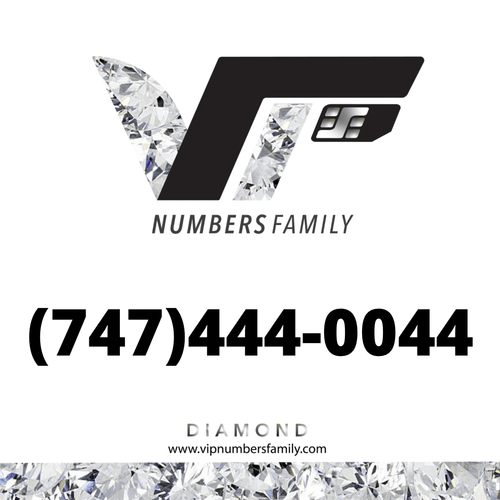 VIP Numbers Family diamond logo with the vip phone number with a rare area code (747) 444-0044 Visit vipnumbersfamily.com to purchase usa numbers