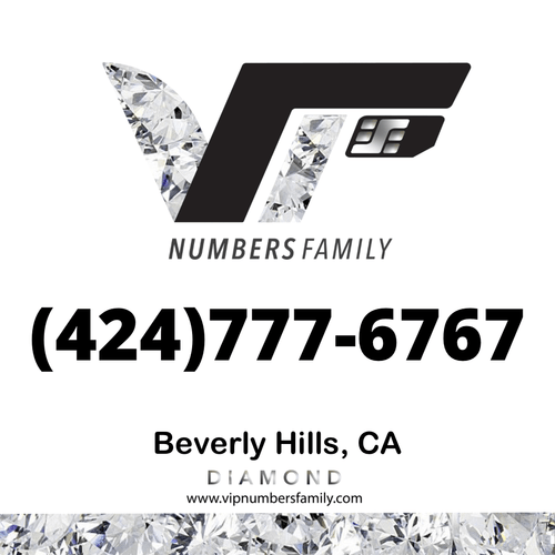 VIP Numbers Family diamond logo with the vip phone number with a rare area code (424) 777-6767 Visit vipnumbersfamily.com to purchase usa numbers