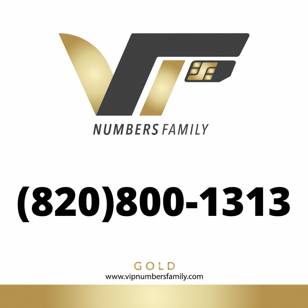 VIP Numbers Family Gold logo with the gold phone number (820) 800-1313 Visit vipnumbersfamily.com to purchase