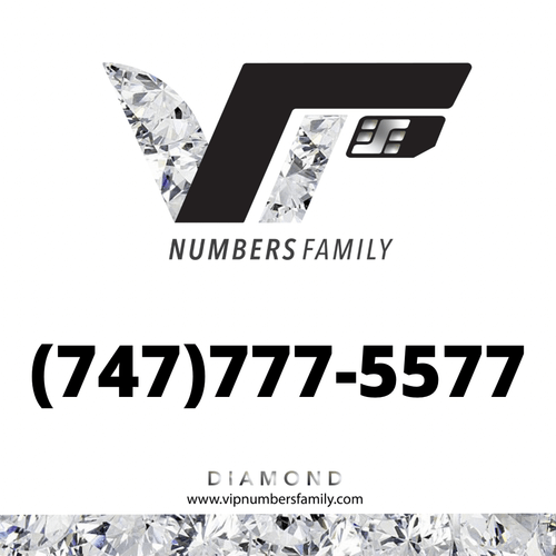 VIP Numbers Family Diamond logo with the diamond phone number (747) 777-5577 Visit vipnumbersfamily.com to purchase