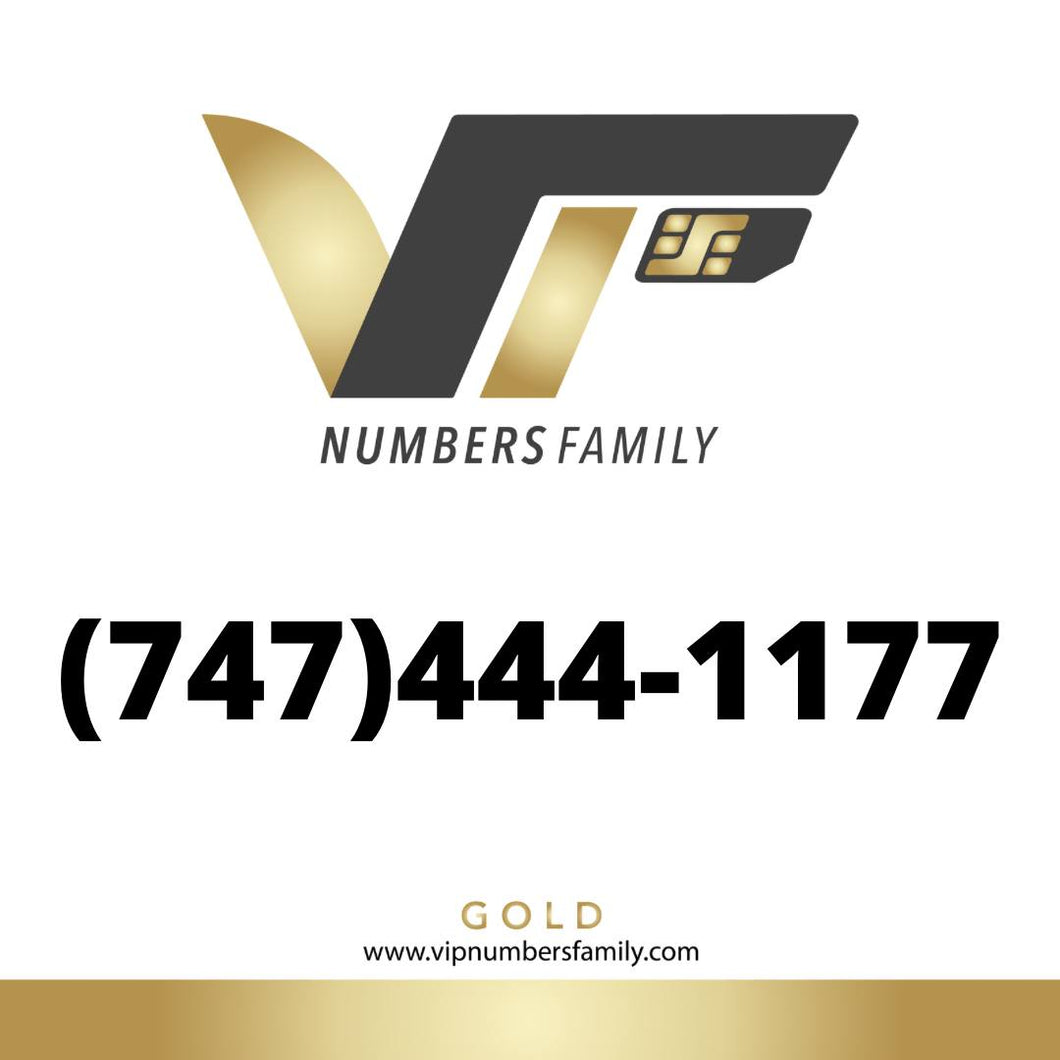 VIP Numbers Family Gold logo with the gold vip no (747) 444-1177 Visit vipnumbersfamily.com to purchase