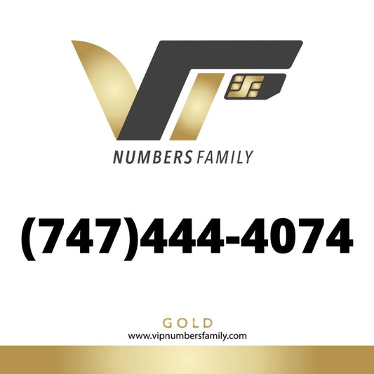 VIP Numbers Family Gold logo with the gold vip no (747) 444-4074 Visit vipnumbersfamily.com to purchase