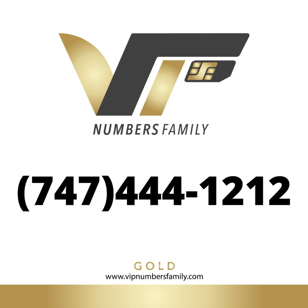 VIP Numbers Family Gold logo with the gold phone number (747) 444-1212 Visit vipnumbersfamily.com to purchase