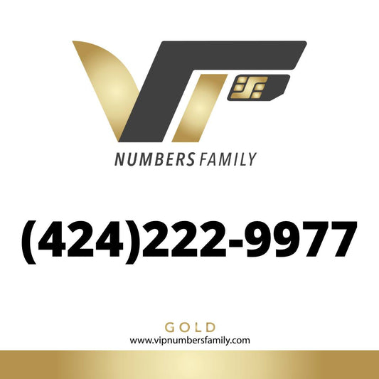 VIP Numbers Family Gold logo with the gold phone number (424) 222-9977 Visit vipnumbersfamily.com to purchase