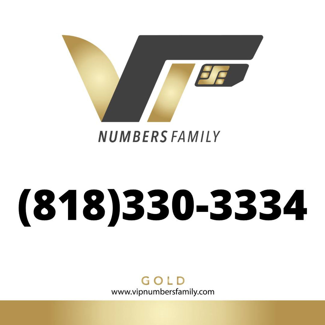 VIP Numbers Family Gold logo with the gold phone number (818) 330-3334 Visit vipnumbersfamily.com to purchase