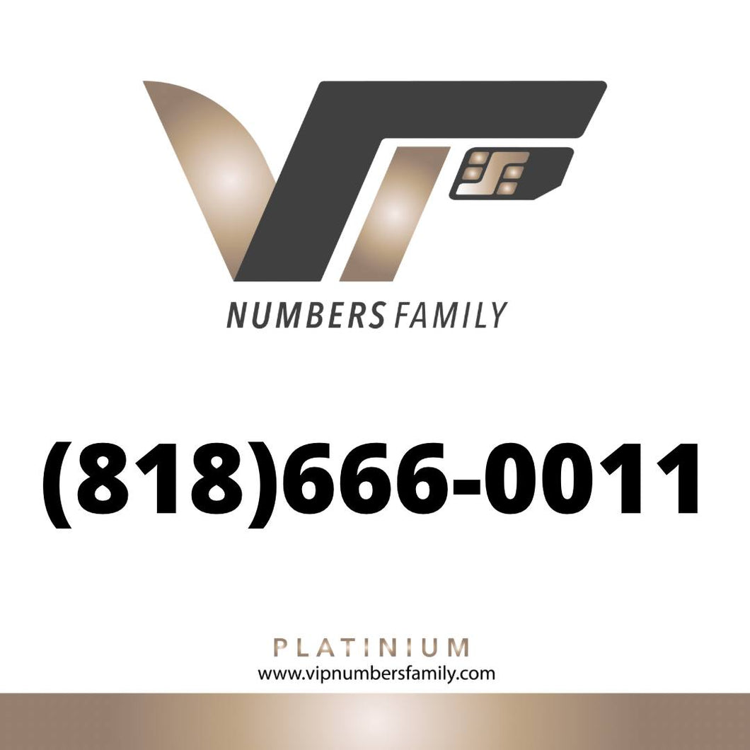 VIP Numbers Family Platinum logo with the platinum number (818) 666-0011 Visit vipnumbersfamily.com to purchase