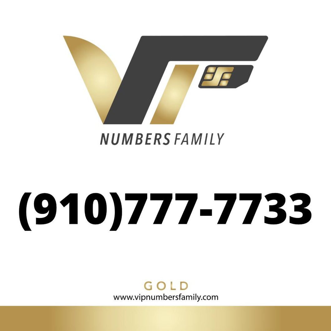 VIP Numbers Family Gold logo with the gold vip no (910) 777-7733 Visit vipnumbersfamily.com to purchase