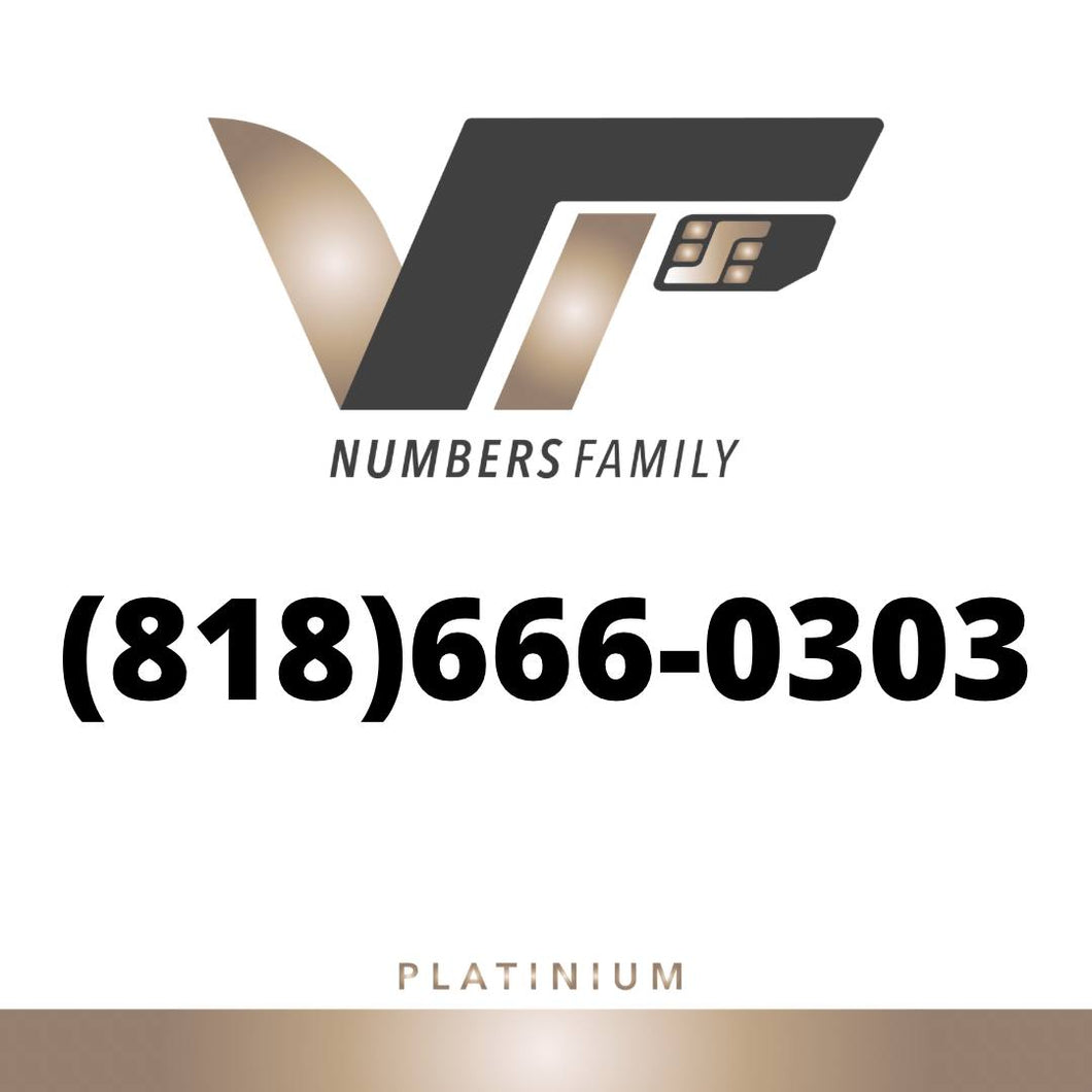 VIP Numbers Family Platinum logo with the platinum number (818) 666-0303 Visit vipnumbersfamily.com to purchase