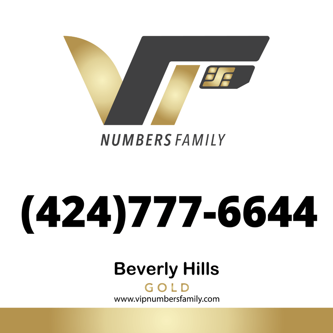 VIP Numbers Family gold logo with the vip phone number with a rare area code  Visit vipnumbersfamily.com to purchase usa number
