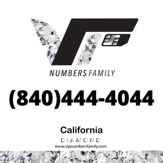 VIP Numbers Family diamond logo with the vip phone number with a rare area code  Visit vipnumbersfamily.com to purchase usa number
