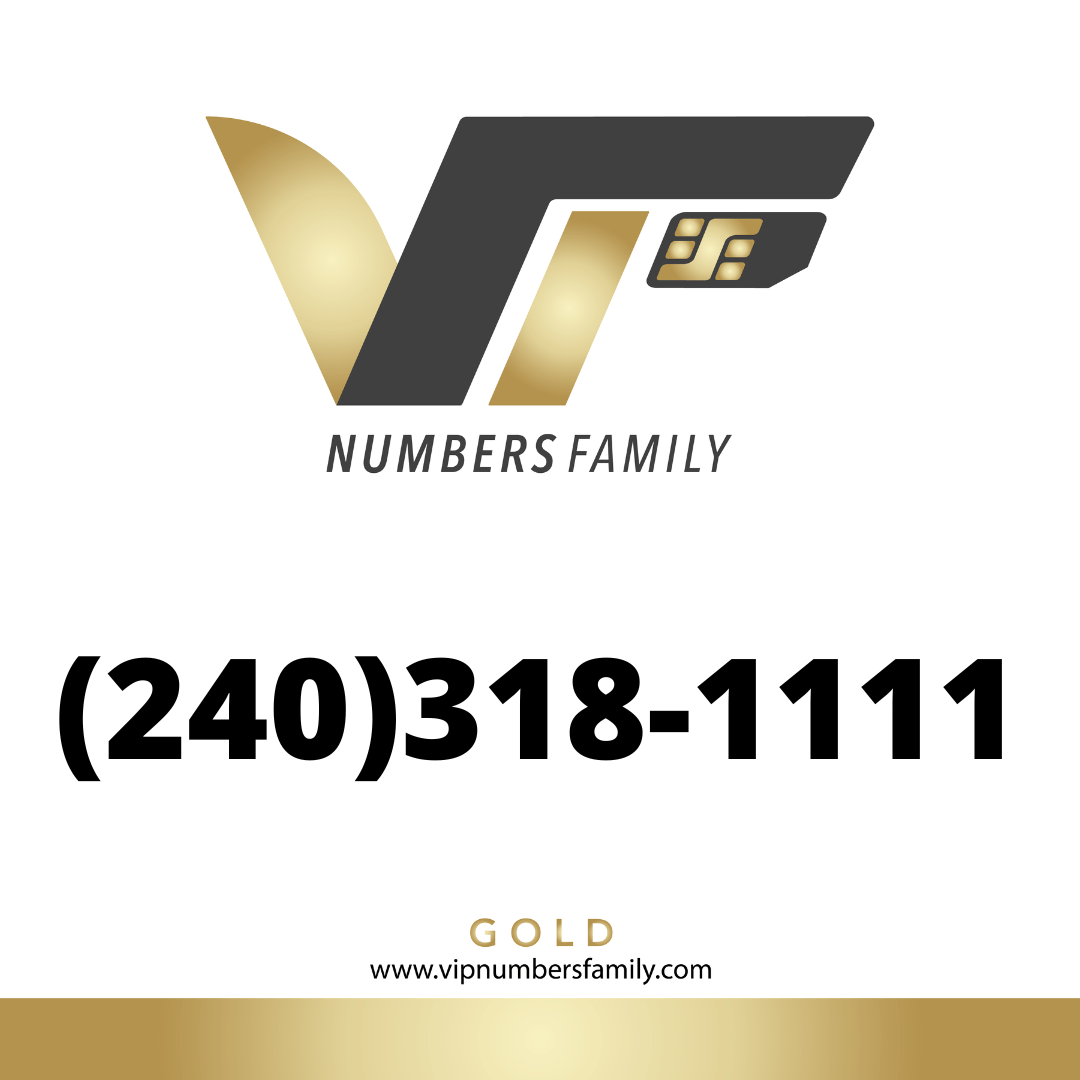 VIP Numbers Family gold logo with the vip phone number with a rare area code  Visit vipnumbersfamily.com to purchase usa number