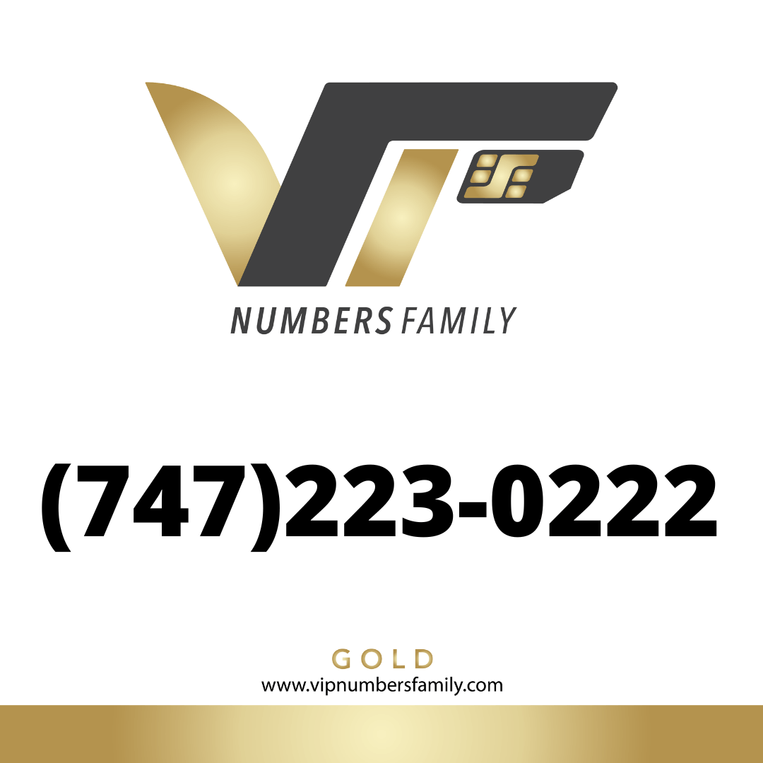 VIP Numbers Family gold logo with the vip phone number with a rare area code  Visit vipnumbersfamily.com to purchase usa number